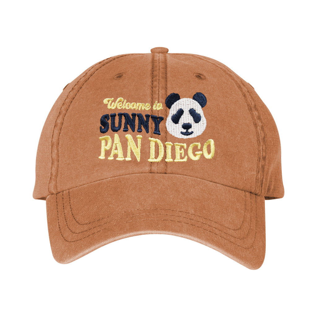 WELCOME TO SUNNY PAN DIEGO PANDA DISTRESSED BURNT ORANGE BASEBALL CAP HAT 