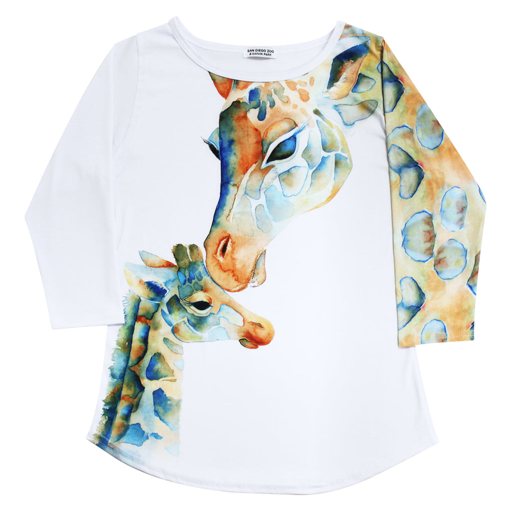 WATERCOLOR MOM AND CALF GIRAFFE THREE QUARTER SLEEVE WHITE 
